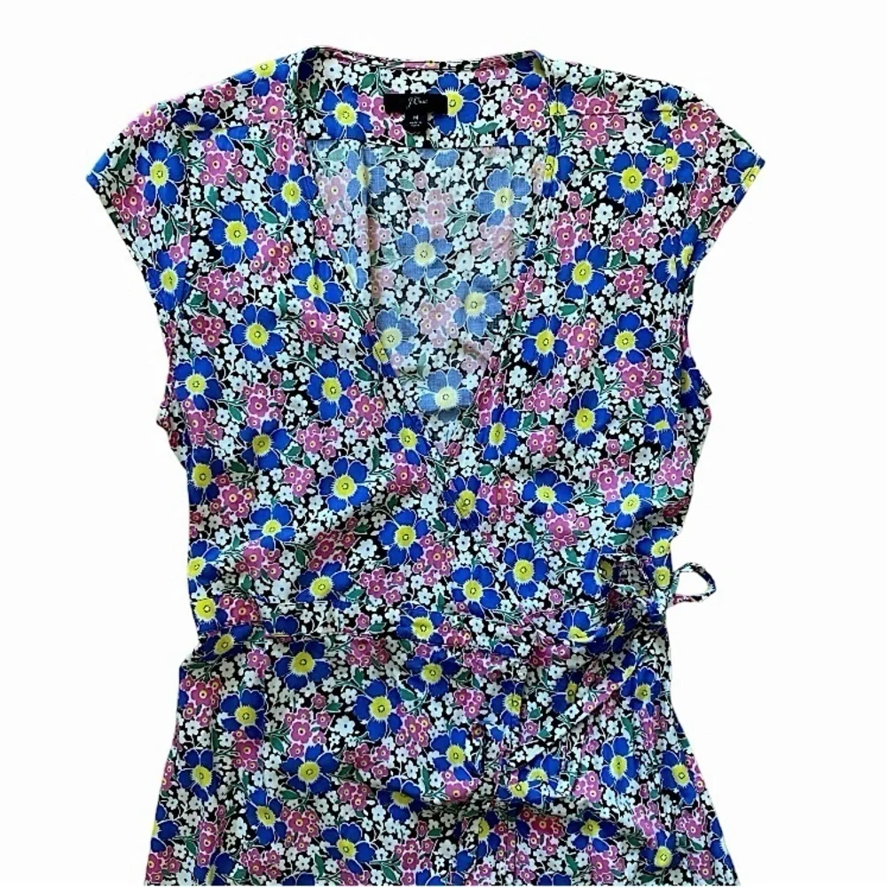 J. Crew Fabrizia Blue Pink Jersey Midi Ditsy Floral Wrap Retro Midi Dress
